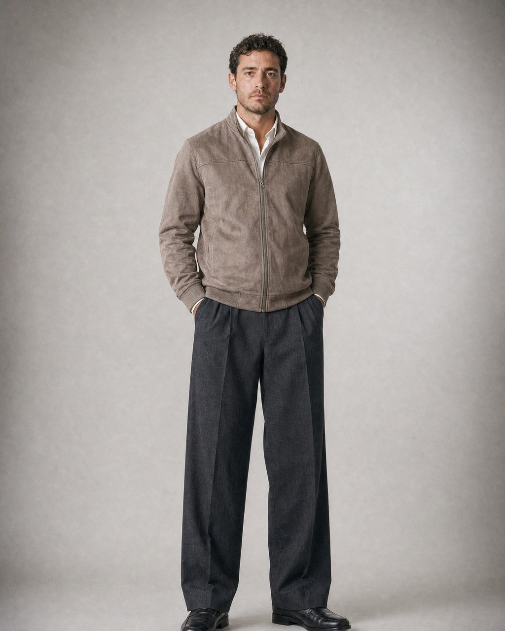 Men's Suede-Look Zip Jacket worn, front | Belmorne
