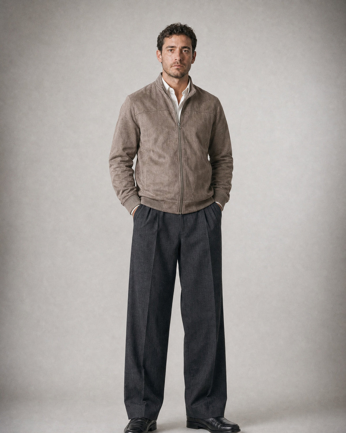 Men's Suede-Look Zip Jacket worn, front | Belmorne