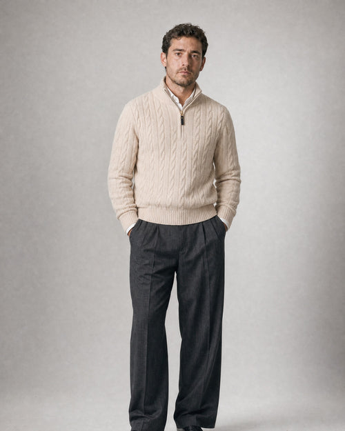 Men's Cable-Knit Half-Zip Sweater worn, front | Belmorne