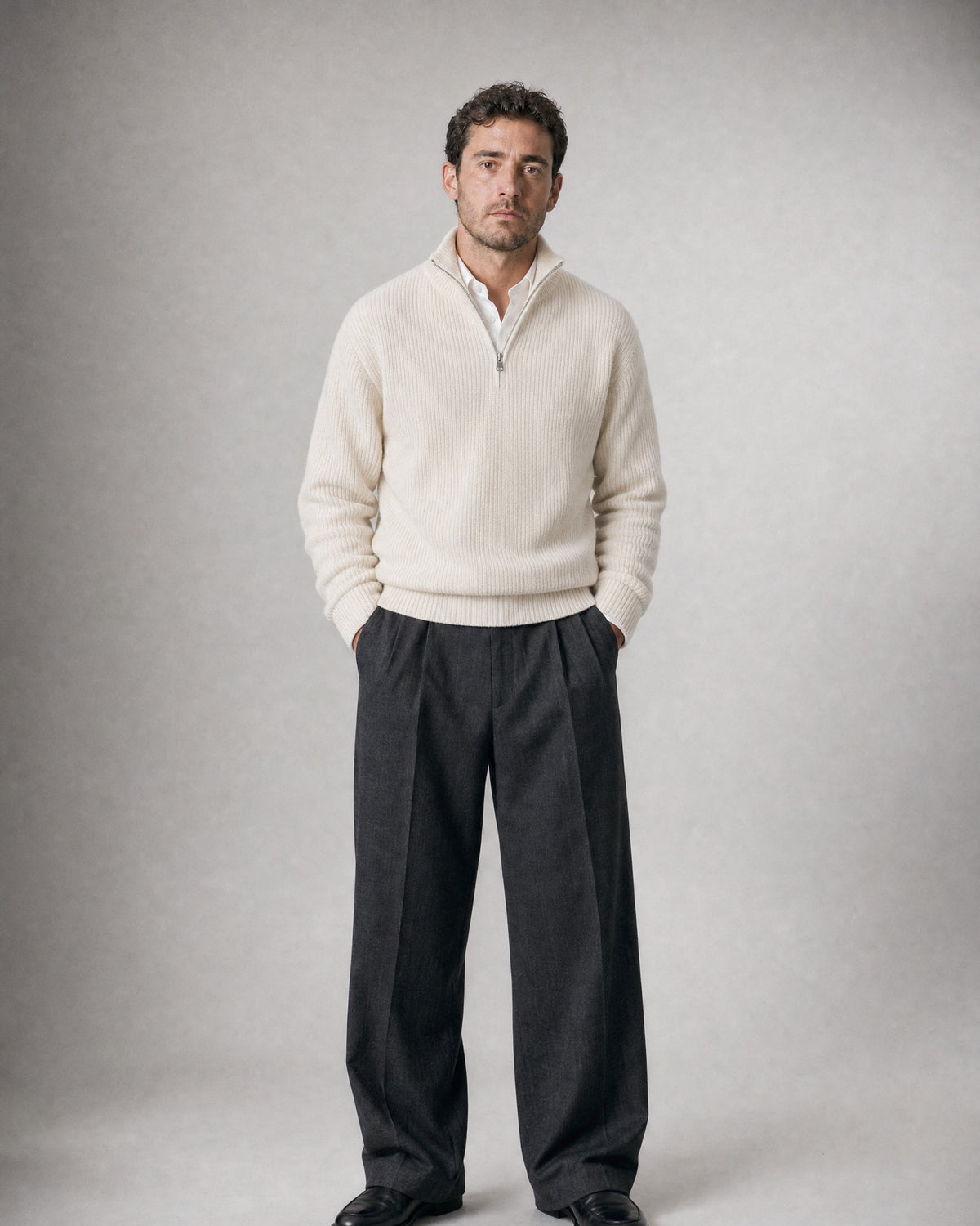 Men's Quarter-Zip Knit Sweater worn, front | Belmorne