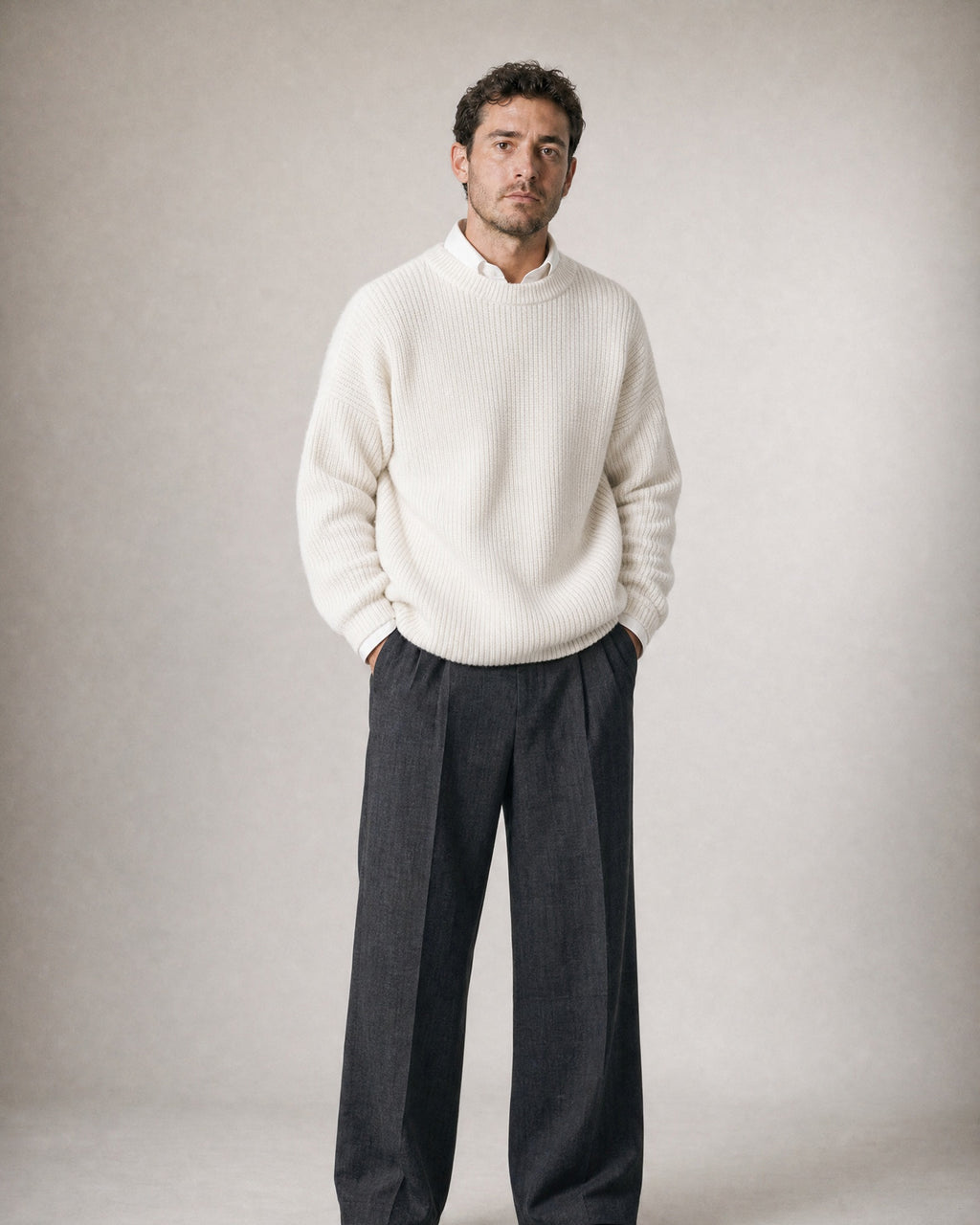 Men's Chunky Knit Crew-Neck Sweater worn, front | Belmorne