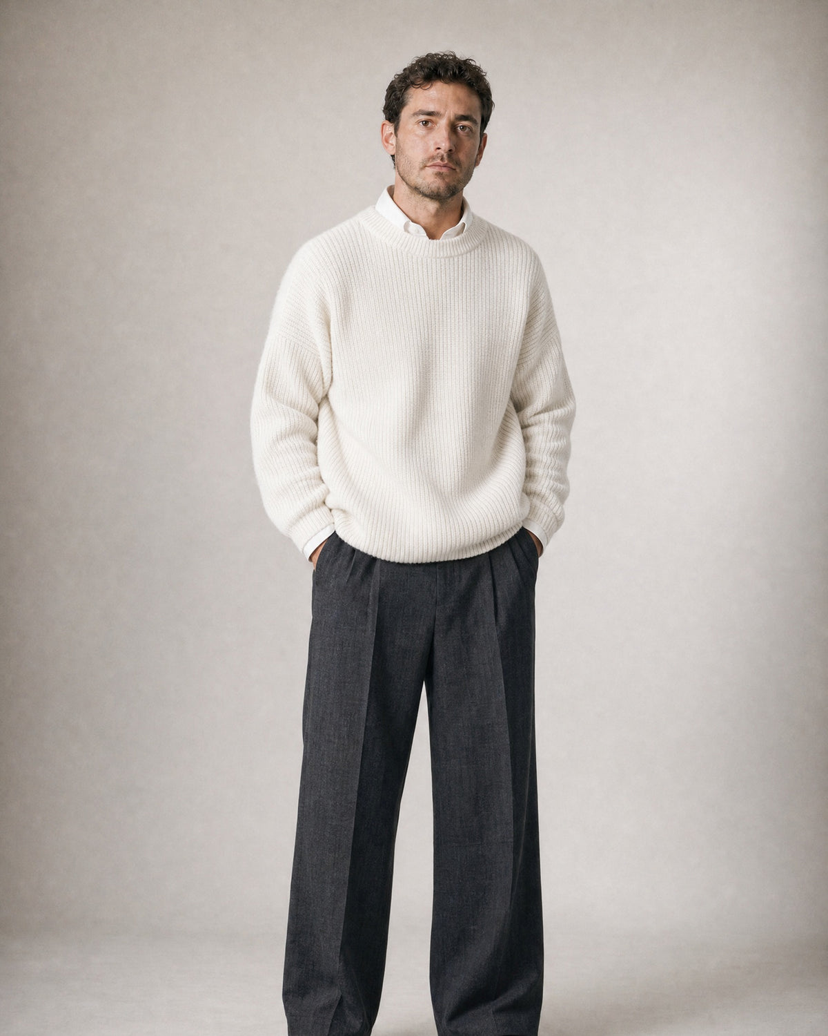 Men's Chunky Knit Crew-Neck Sweater worn, front | Belmorne