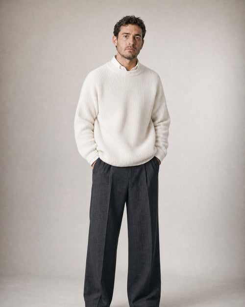 Men's Chunky Knit Crew-Neck Sweater worn, front | Belmorne