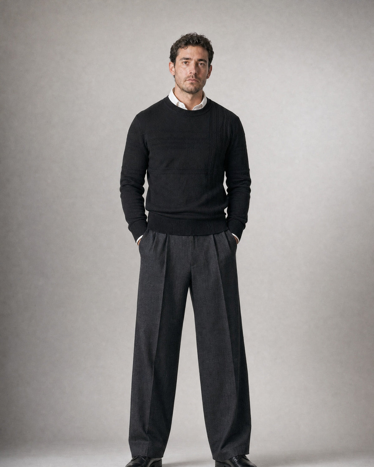 Men's Fine Knit Crew-Neck Sweater worn, front | Belmorne
