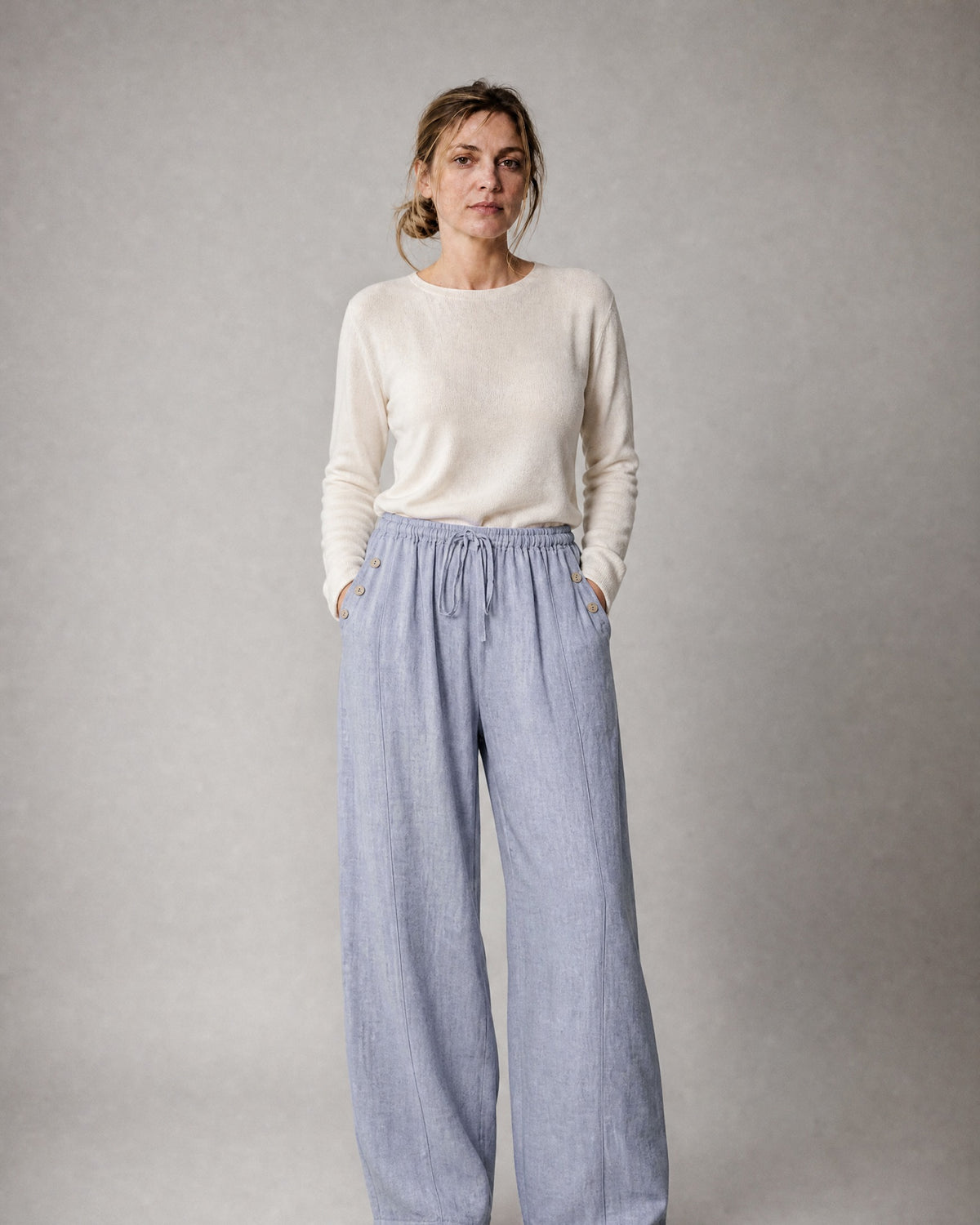 Women's Cotton-Linen Wide-Leg Trousers worn, front | Belmorne