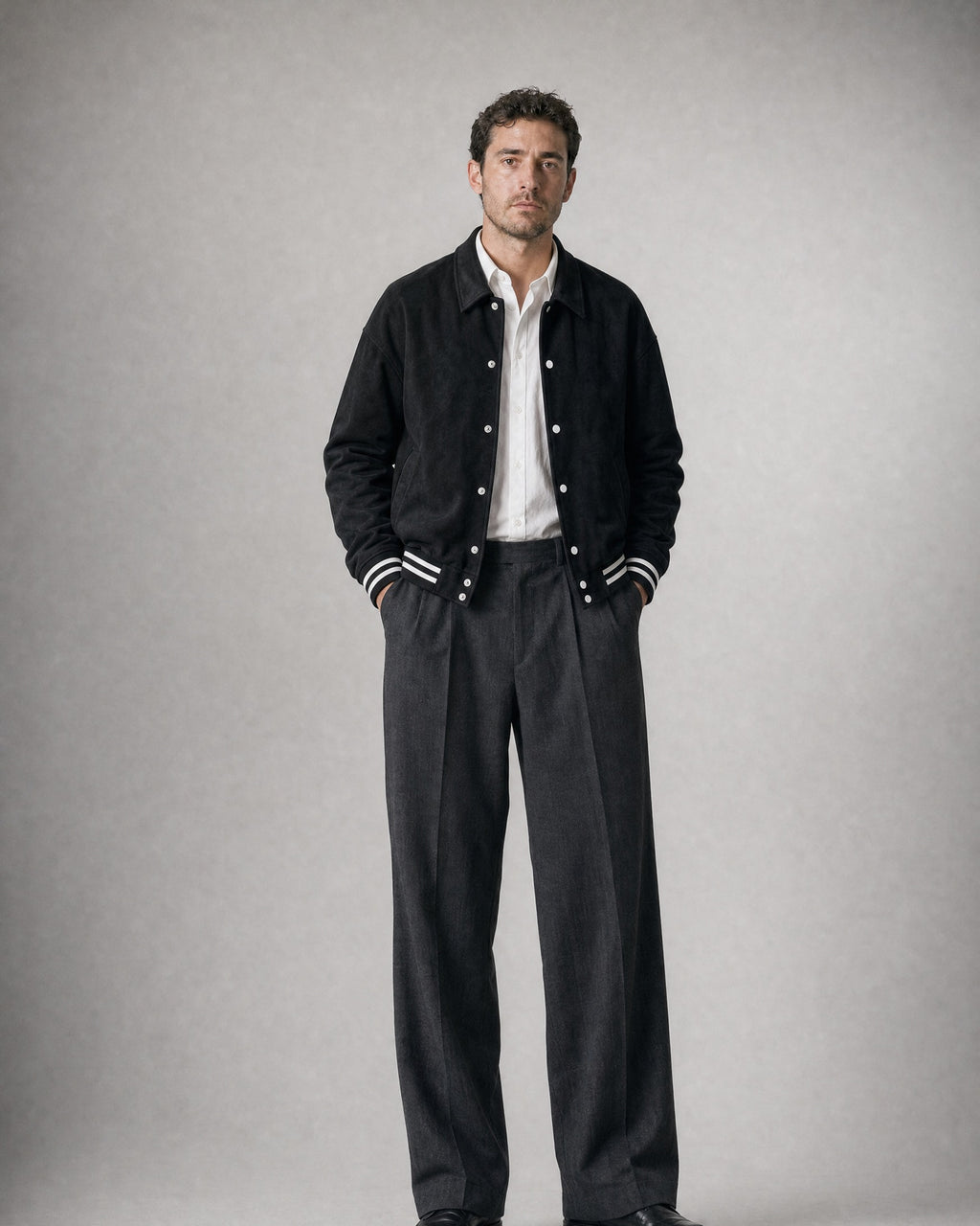 Men's Suede-Look Varsity Jacket worn, front | Belmorne