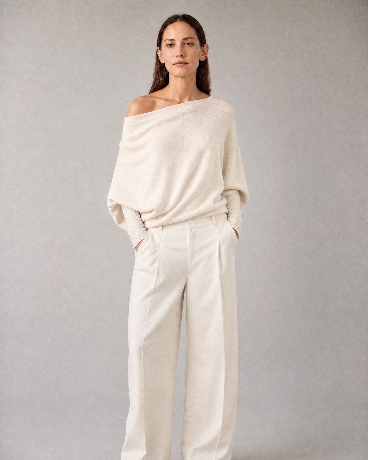 Women's Off-Shoulder Sweater worn, front | Belmorne