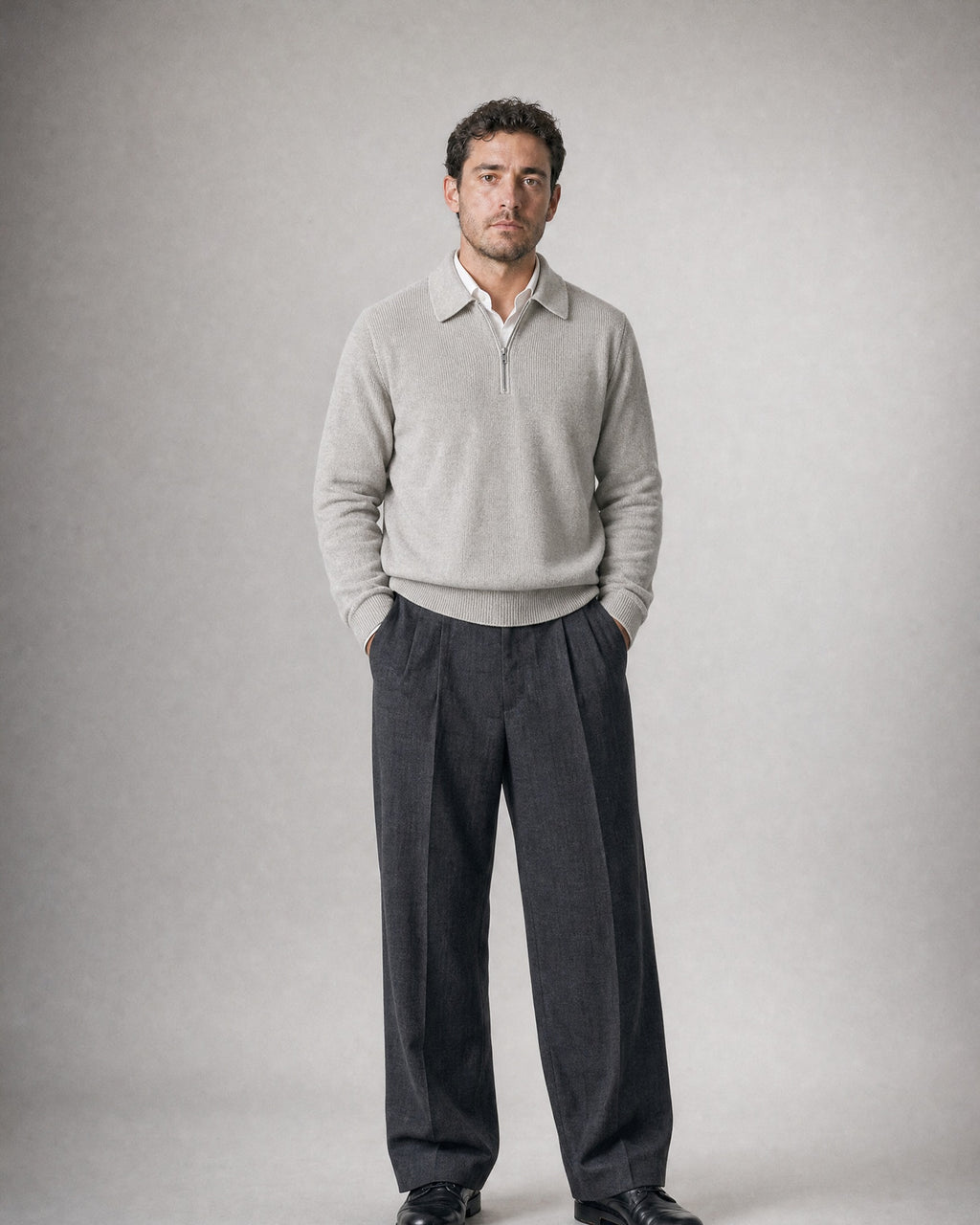 Men's Knit Polo Sweater worn, front | Belmorne