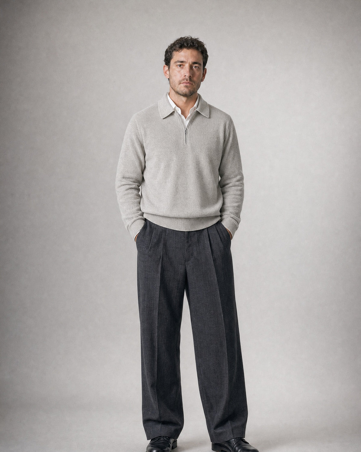 Men's Knit Polo Sweater worn, front | Belmorne