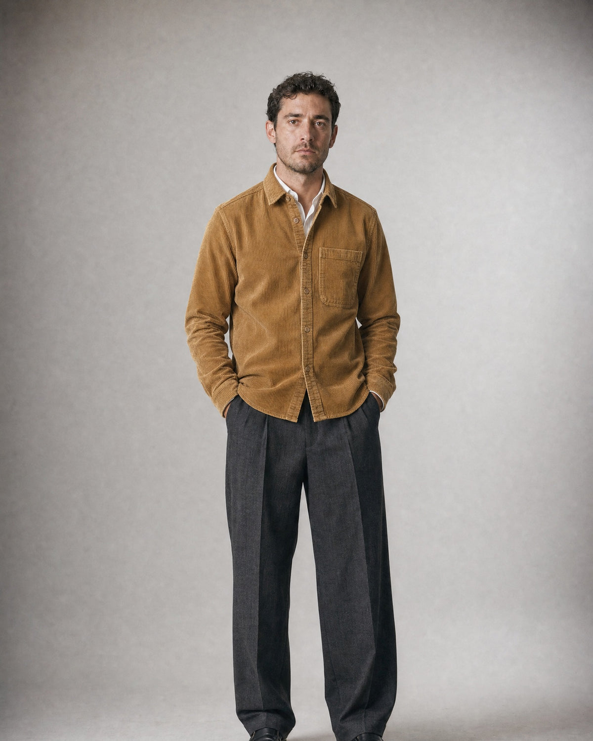 Men's Cotton Corduroy Shirt worn, front | Belmorne