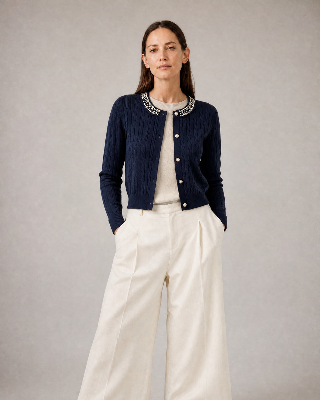 Women's Cropped Cable-Knit Cardigan worn, front | Belmorne