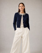 Women's Cropped Cable-Knit Cardigan worn, front | Belmorne