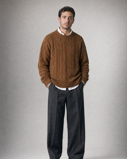 Men's Cable-Knit Crew-Neck Sweater worn, front | Belmorne