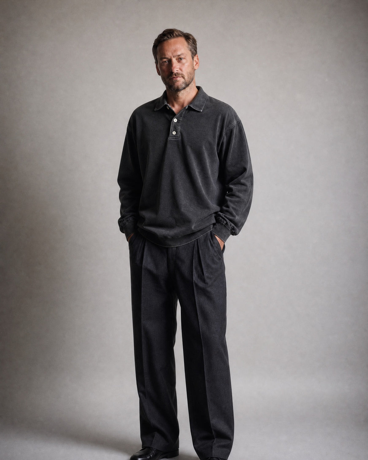 Men's Washed Long Sleeve Polo Shirt worn, front | Belmorne