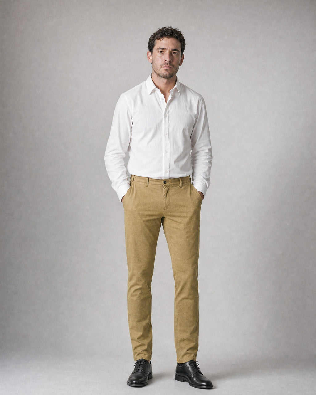 Men's Slim Stretch Chinos worn, front | Belmorne