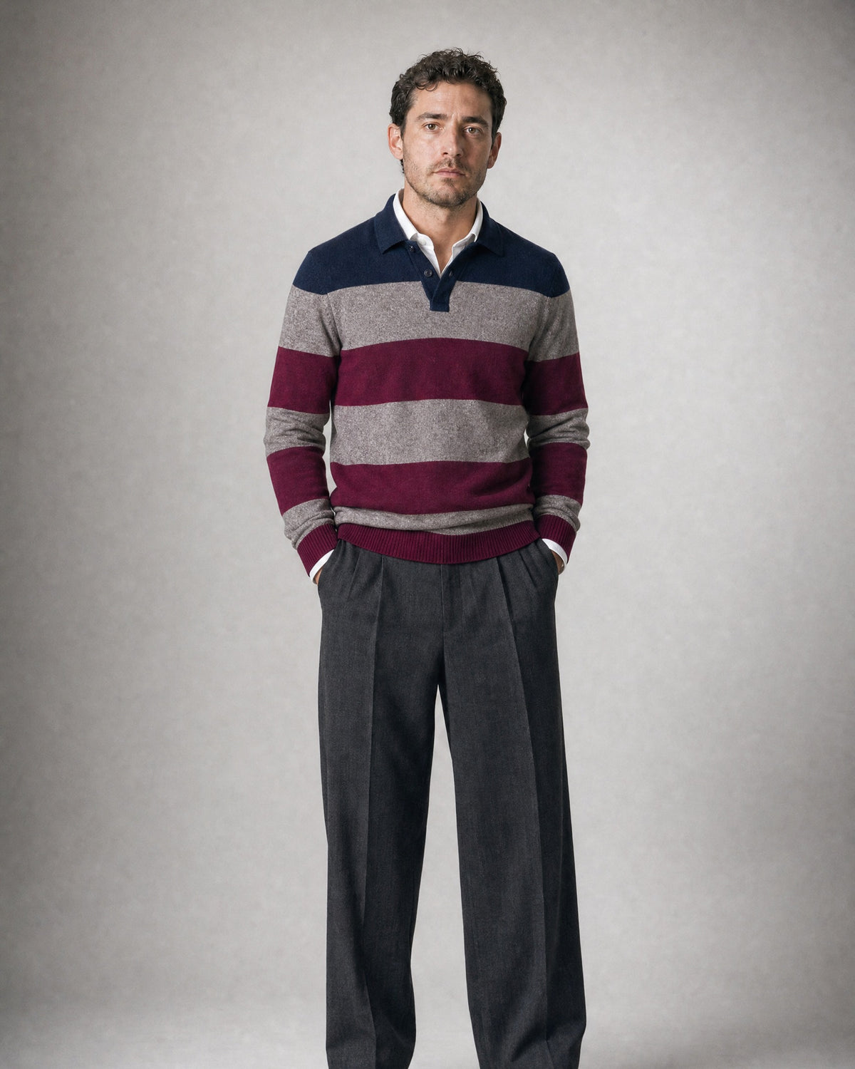 Men's Cotton Lapel-Collar Knit Sweater worn, front | Belmorne
