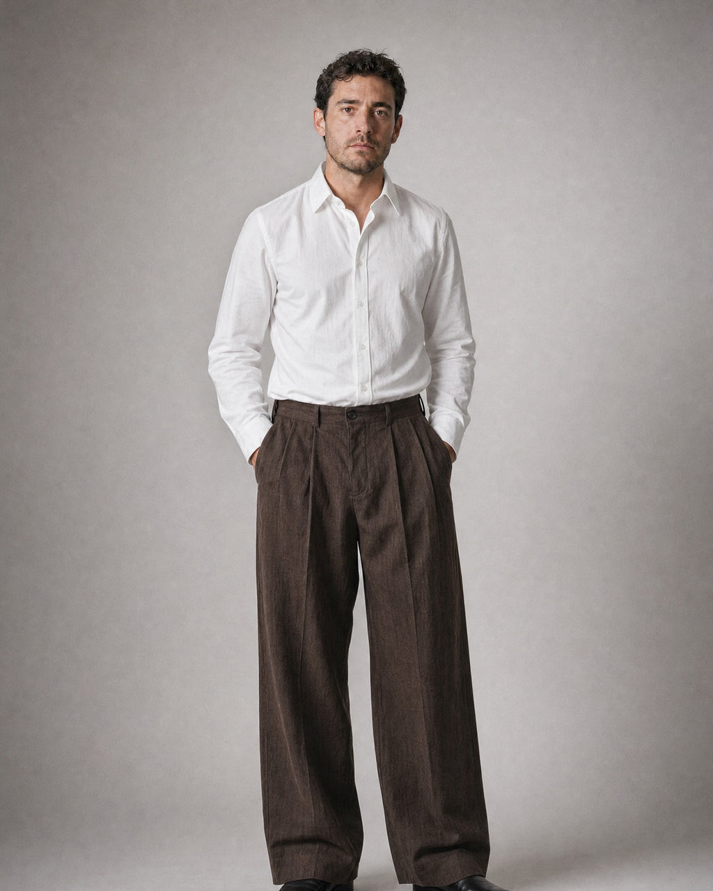 Men's Double-Pleat Wide-Leg Trousers worn, front | Belmorne