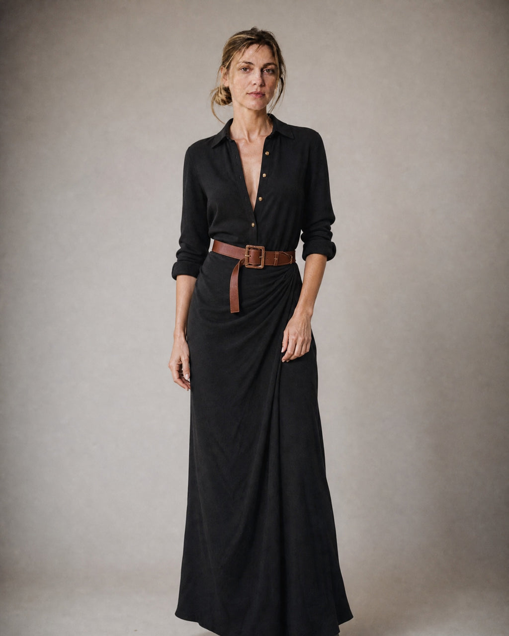 Women's Belted Shirt Dress worn, front | Belmorne