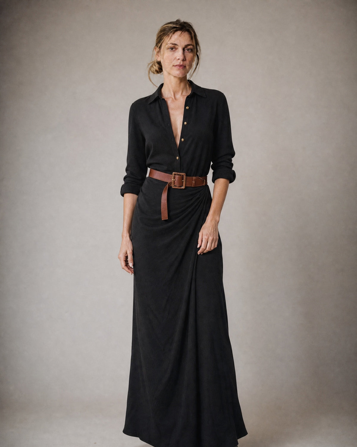 Women's Belted Shirt Dress worn, front | Belmorne