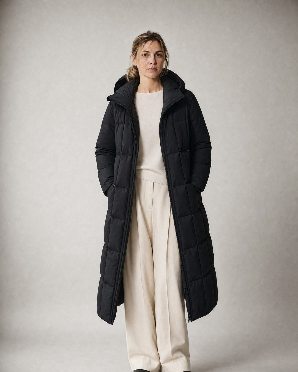 Women's Long Puffer Coat worn, front | Belmorne