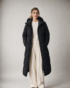 Women's Long Puffer Coat worn, front | Belmorne