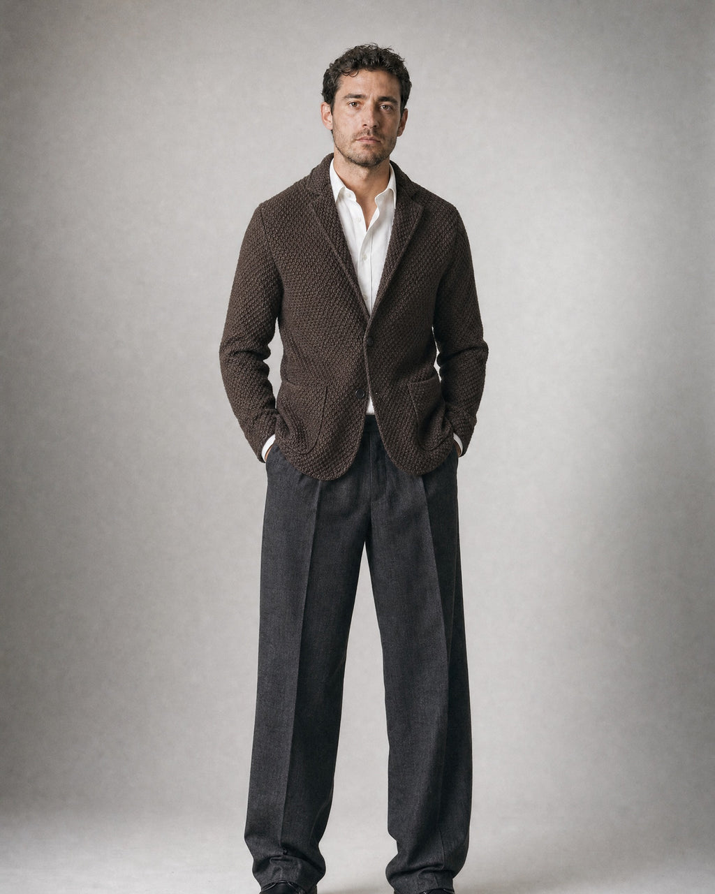 Men's Knit Blazer worn, front | Belmorne