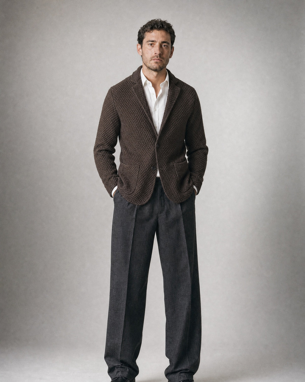 Men's Knit Blazer worn, front | Belmorne