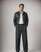 Men's Faux-Leather Racer Jacket worn, front | Belmorne
