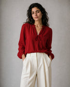 Women's Chiffon Tie-Neck Blouse worn, front | Belmorne
