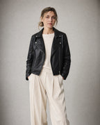 Women's Faux Leather Jacket worn, front | Belmorne