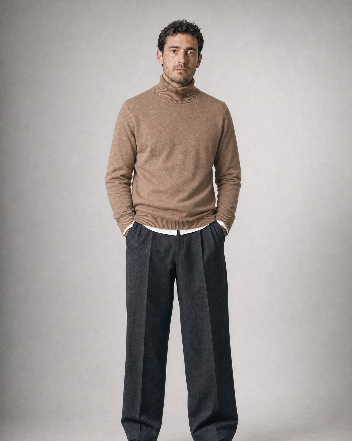Men's Fine-Knit Turtleneck Sweater worn, front | Belmorne