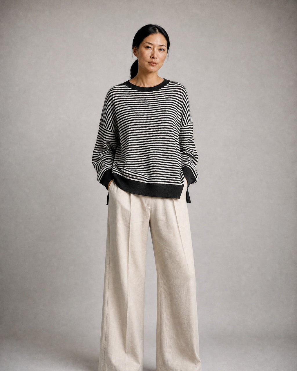 Women's Striped Waffle-Knit Pullover worn, front | Belmorne
