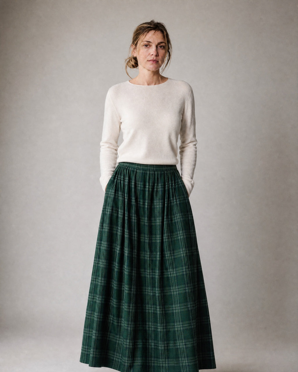 Women's Plaid Pleated Maxi Skirt worn, front | Belmorne