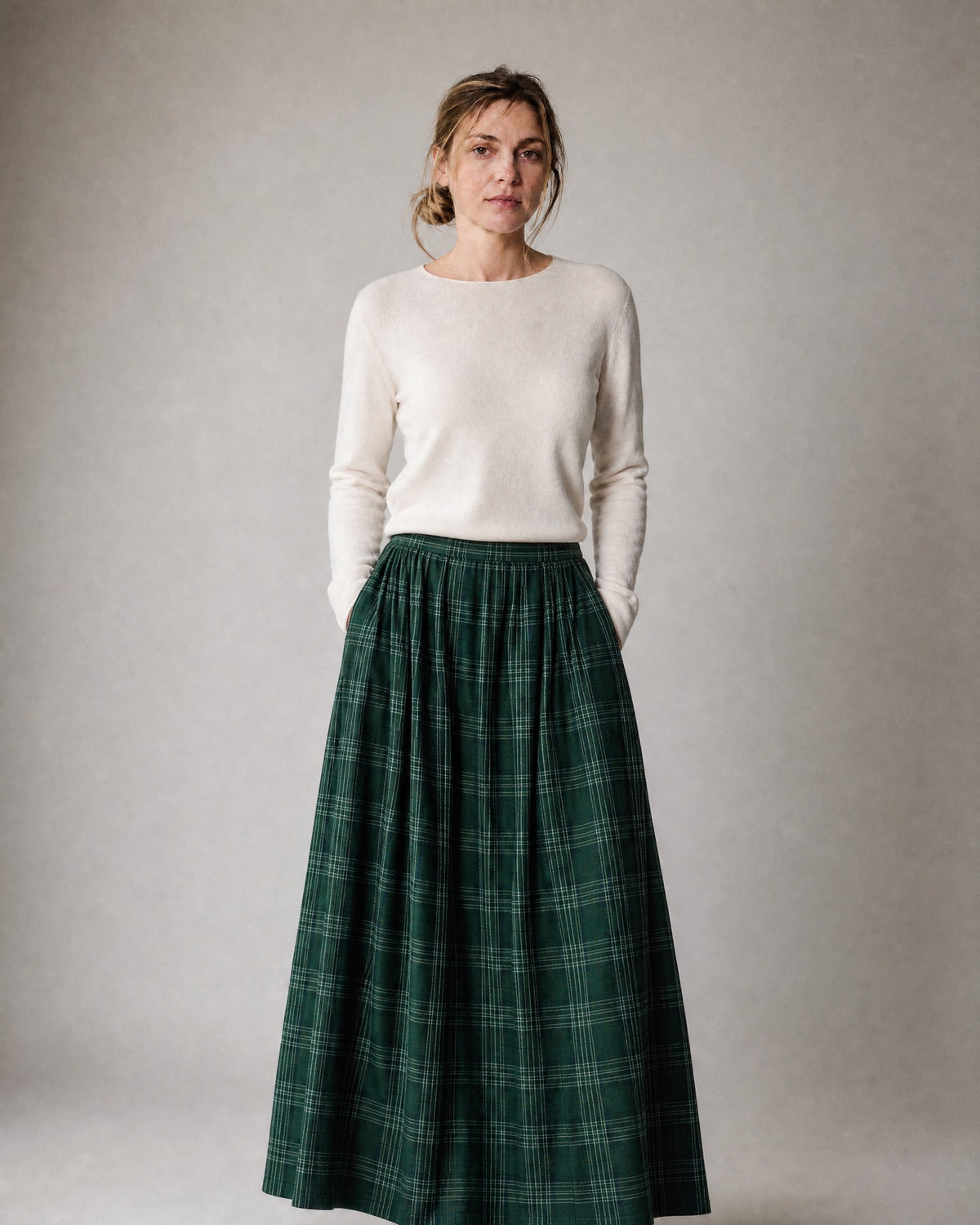 Women's Plaid Pleated Maxi Skirt worn, front | Belmorne