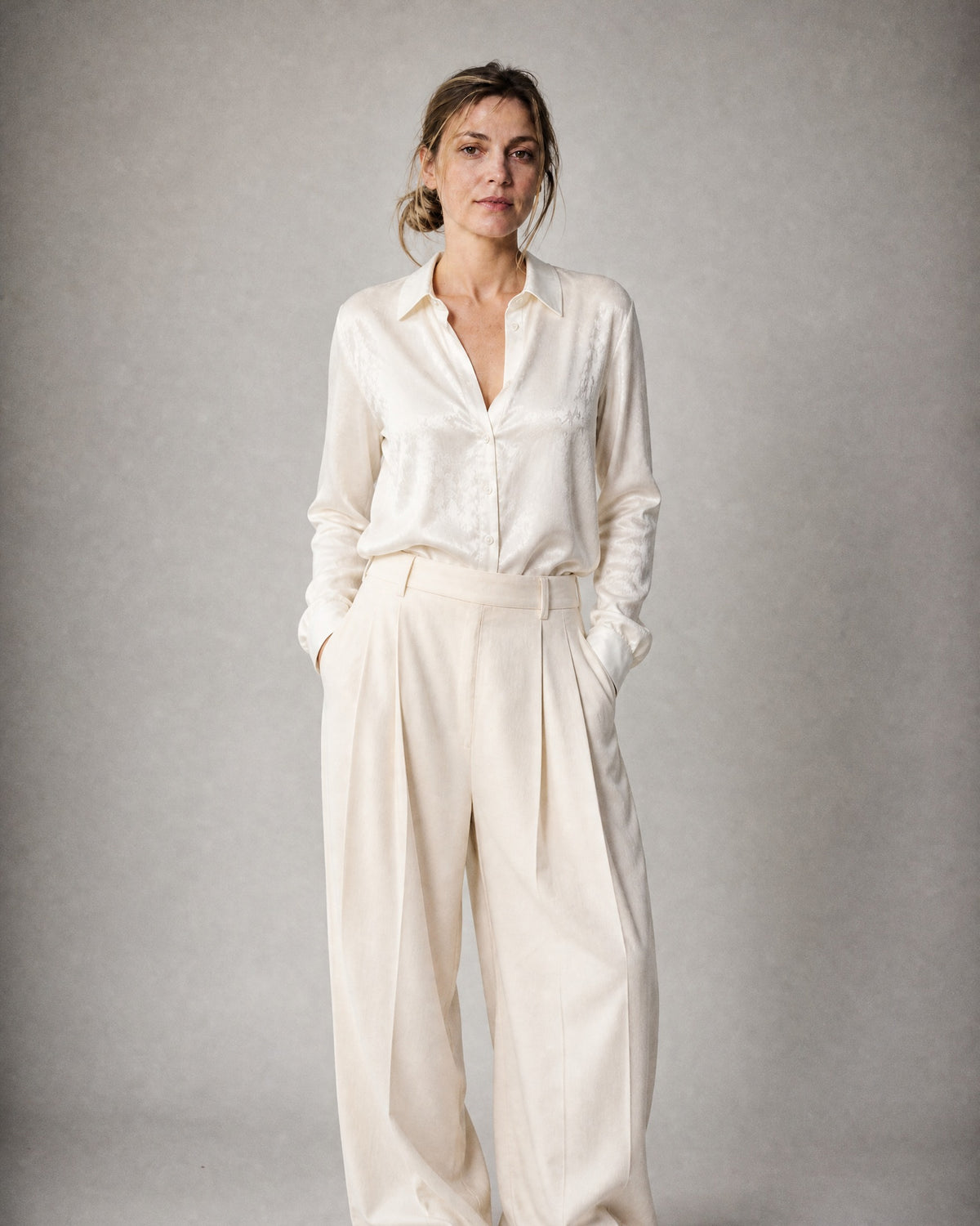 Women's Satin-Look Button-Up Blouse worn, front | Belmorne