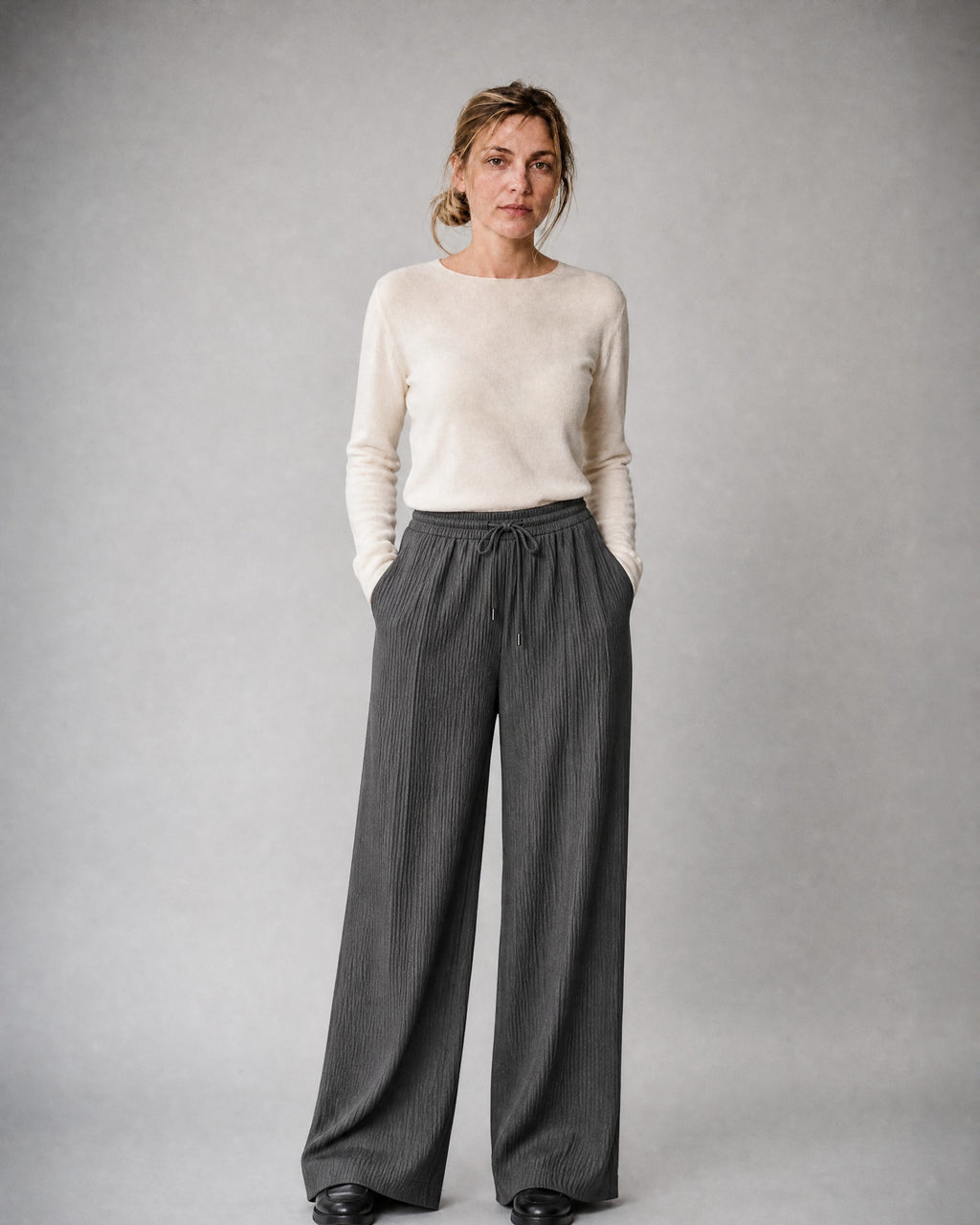 Women's Pinstripe Wide-Leg Trousers worn, front | Belmorne