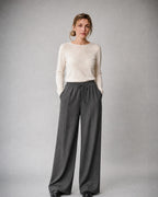 Women's Pinstripe Wide-Leg Trousers worn, front | Belmorne