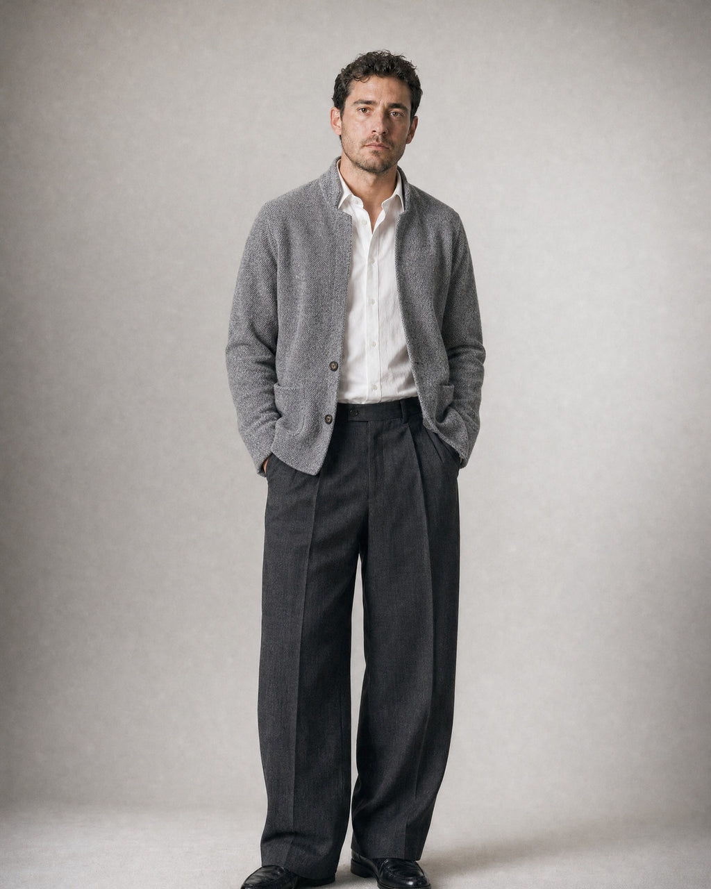 Men's Stand-Collar Knit Cardigan worn, front | Belmorne