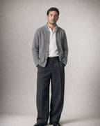 Men's Stand-Collar Knit Cardigan worn, front | Belmorne