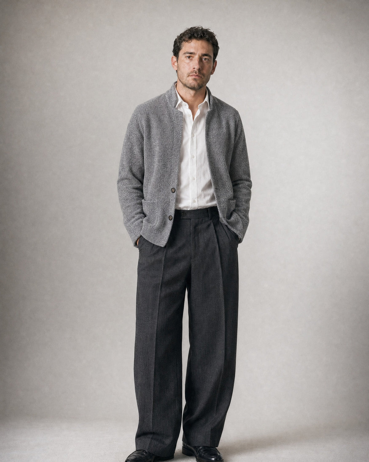 Men's Stand-Collar Knit Cardigan worn, front | Belmorne