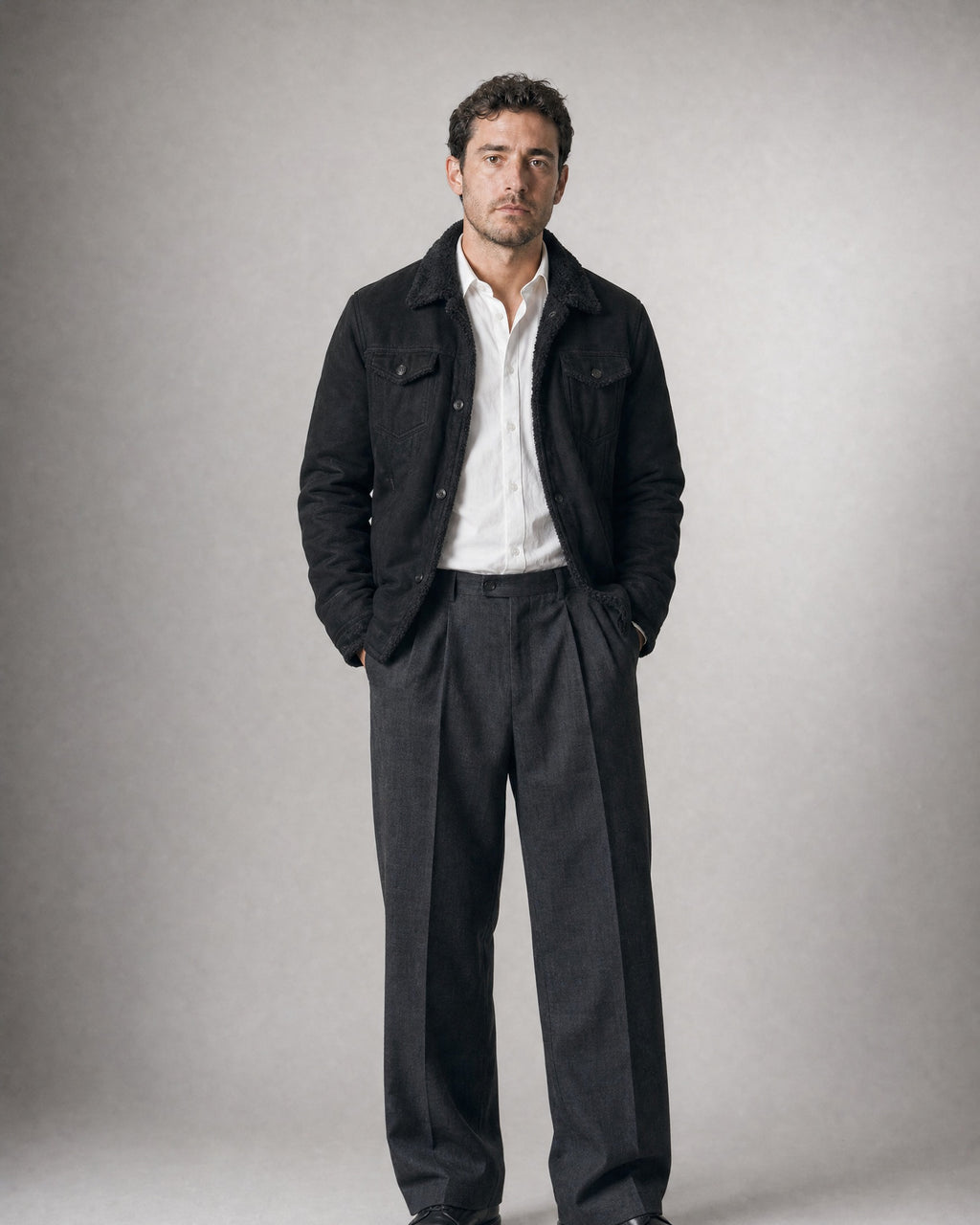 Men's Fleece-Lined Lapel Coat worn, front | Belmorne