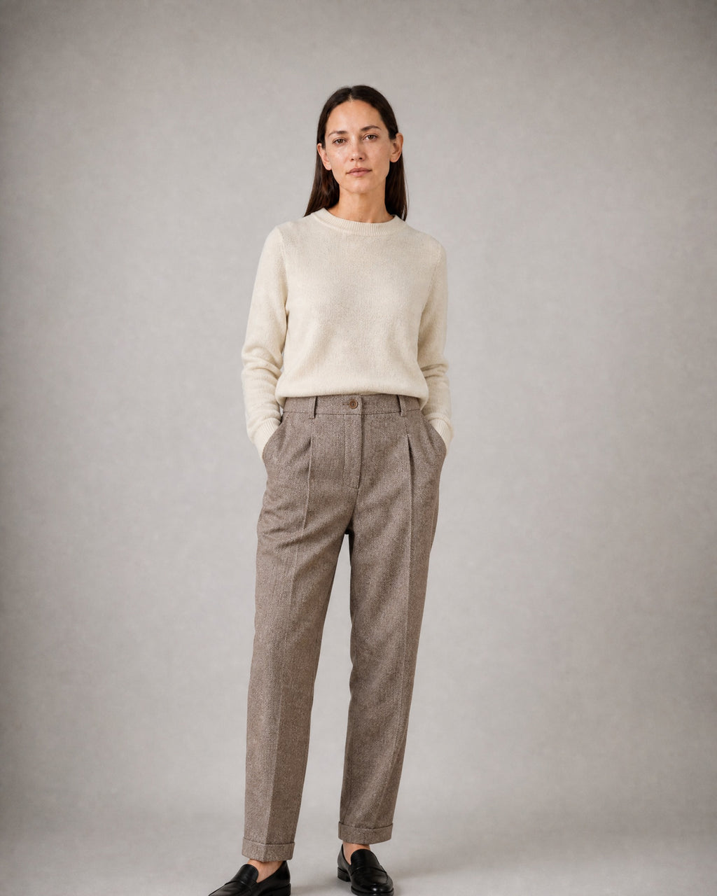 Women's Herringbone Trousers worn, front | Belmorne