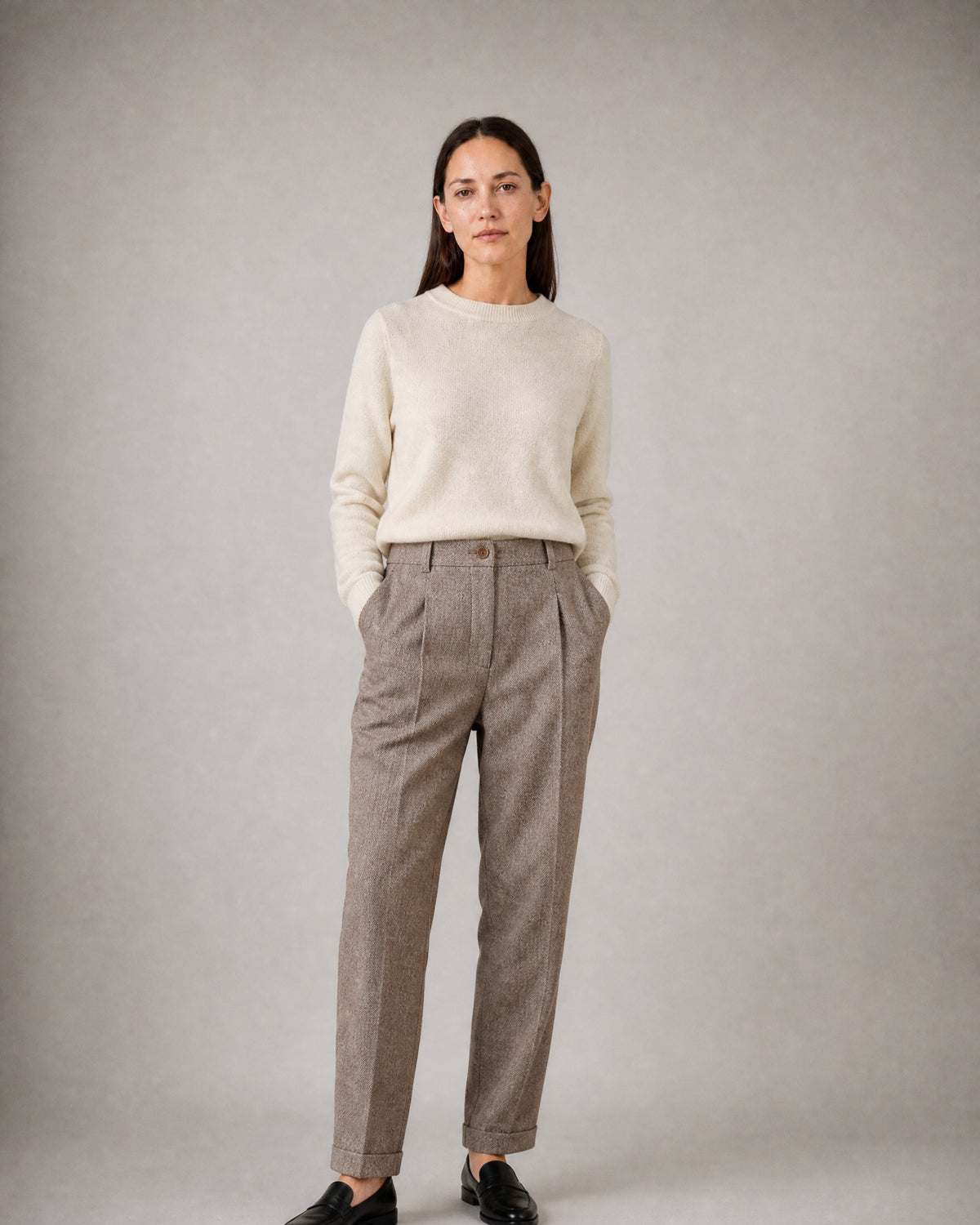 Women's Herringbone Trousers worn, front | Belmorne