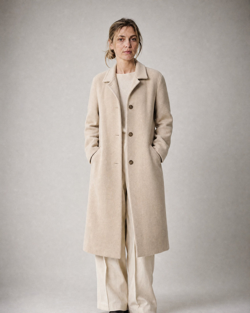 Women's Long Lapel Coat worn, front | Belmorne