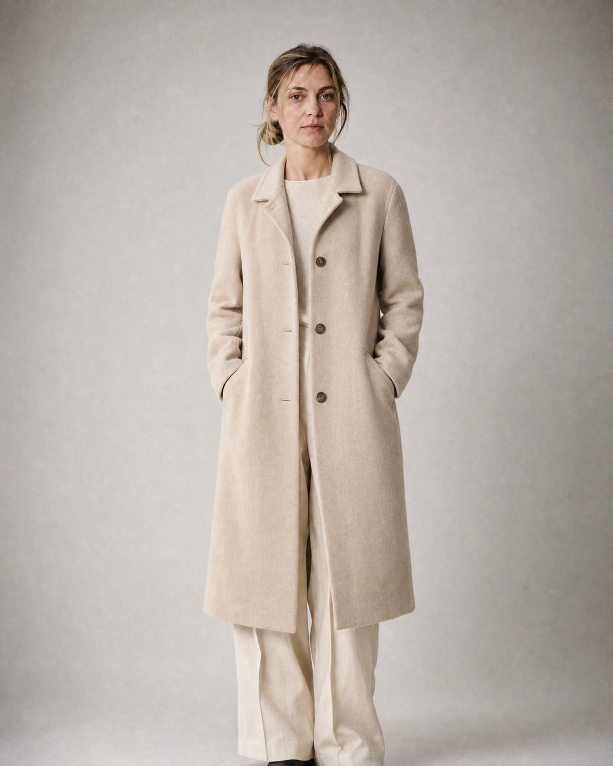 Women's Long Lapel Coat worn, front | Belmorne