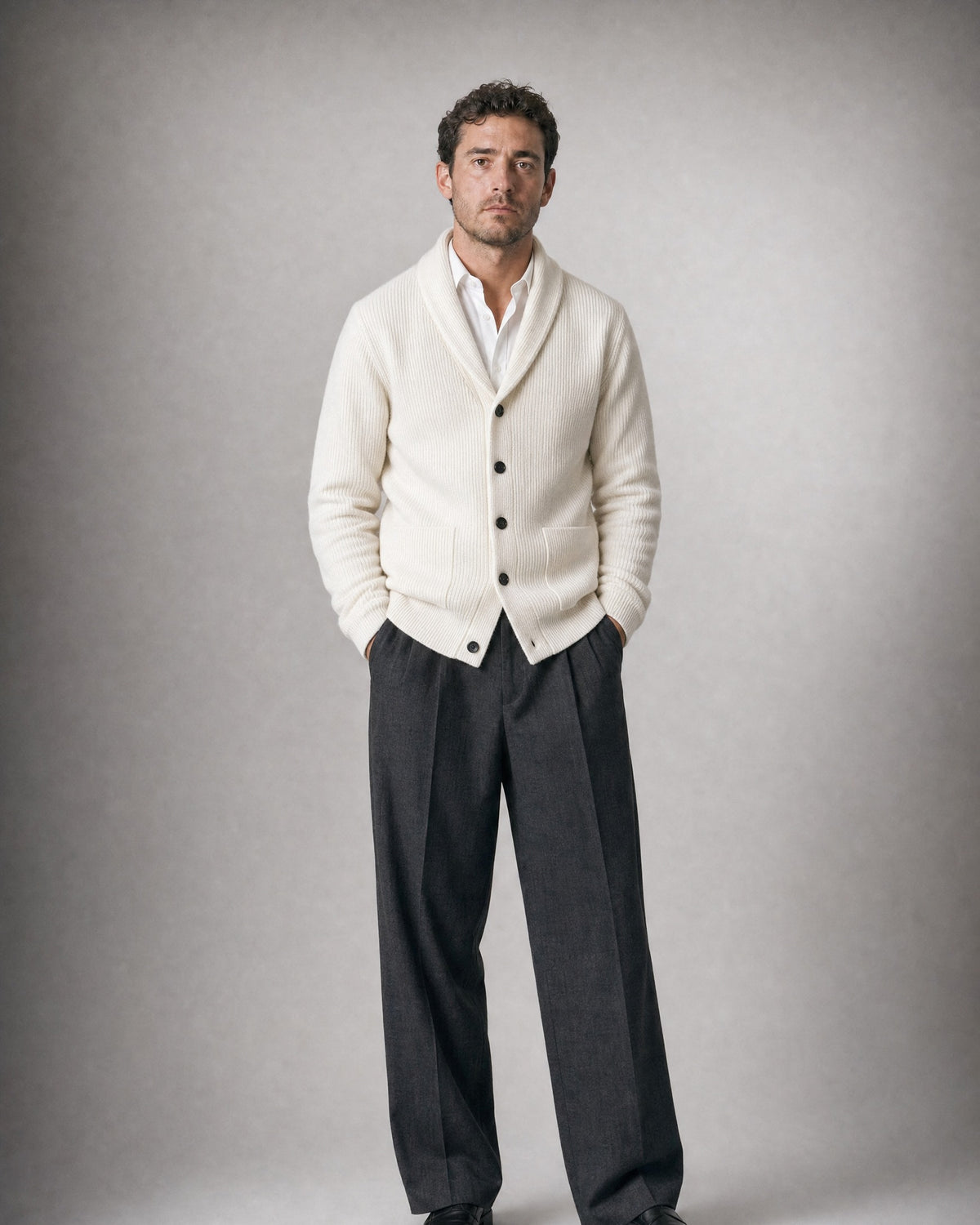 Men's Shawl-Collar Cardigan worn, front | Belmorne