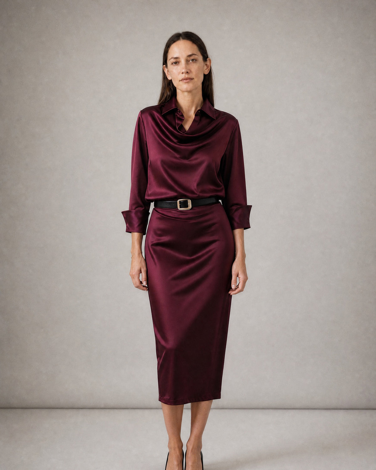 Women's Satin Long-Sleeve Dress worn, front | Belmorne