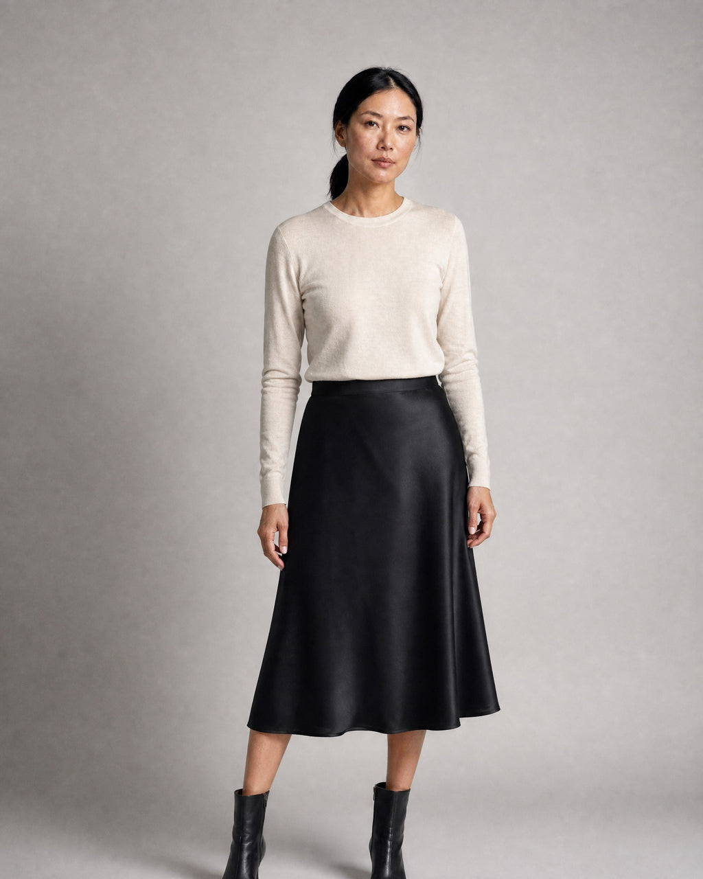 Women's Satin Midi Skirt worn, front | Belmorne