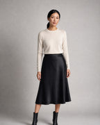 Women's Satin Midi Skirt worn, front | Belmorne