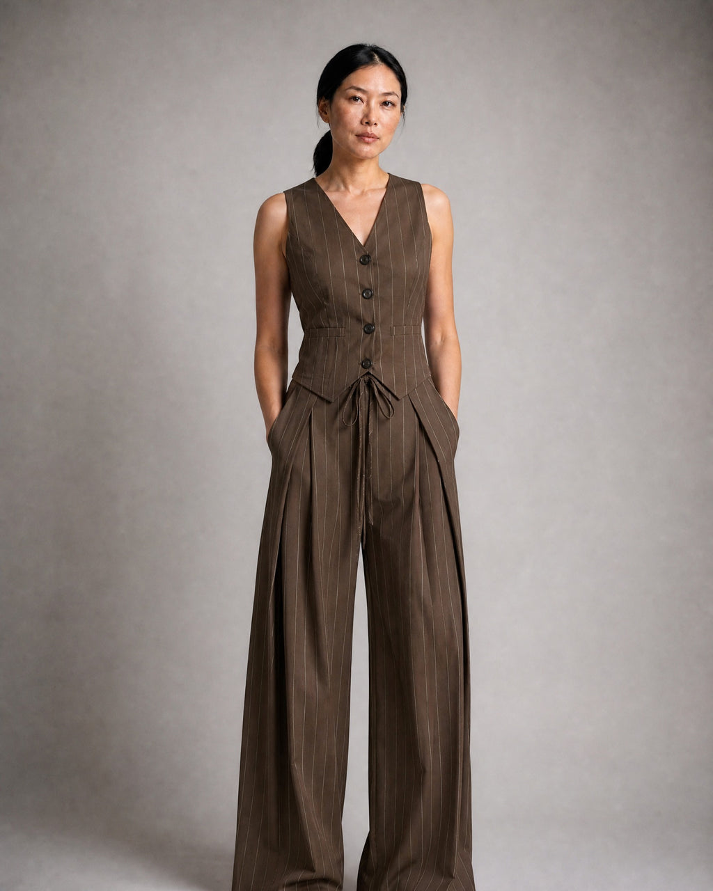 Women's Pinstripe Waistcoat and Wide-Leg Trouser Set worn, front | Belmorne